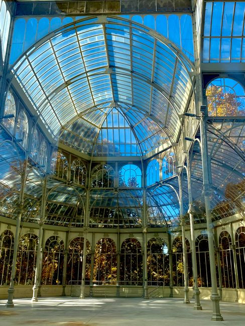 An indoor glass conservatory featuring a large, curved glass roof with blue-tinted panels, supported by metal framing. The structure includes arched windows and ornate metal columns, creating a bright, airy atmosphere. Natural light filters through the glass, illuminating the polished floor and the surrounding architectural details. This setting showcases a clean, well-maintained environment suitable for surface cleaning and maintenance, highlighting the importance of hygiene and deep cleaning in such elegant, glass-supported spaces as part of professional cleaning services by [COMPANY_NAME], located near Crystal Palace Park in Westow Hill.
